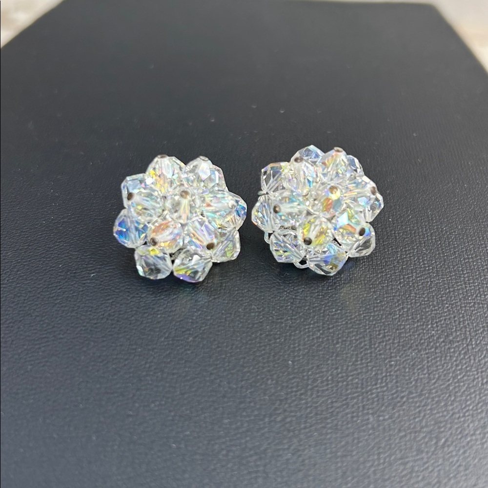Vintage Aurora Borealis Crystal Cluster Clip Earrings